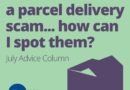 Graphic shows a silhouette of a box with the logo of Citizens Advice Hull & East Riding with the text: "I almost fell for a parcel delivery scam... how can I spot them?" July Advice Column