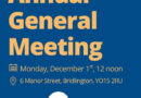 Text reads: Annual General Meeting Monday December 1st, 12 noon 6 Manor Street, Bridlington, YO15 2RU