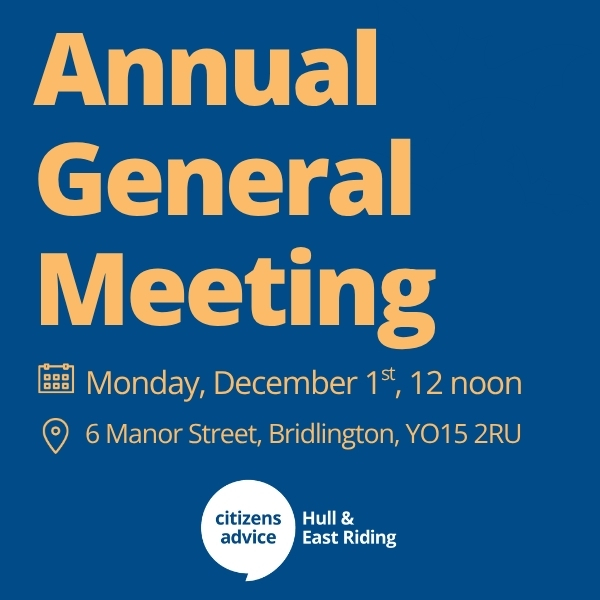Text reads: Annual General Meeting Monday December 1st, 12 noon 6 Manor Street, Bridlington, YO15 2RU