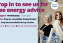 Graphic promoting free energy advice from Citizens Advice Hull & East Riding. Text reads: “Drop in to see us for free energy advice.” Bridlington drop-in sessions are available on Wednesdays from 11am to 2pm. Beverley and Goole drop-in sessions are unavailable during October. Benefits highlighted include staying warm, saving money, and getting help understanding energy bills. The Citizens Advice Hull & East Riding logo appears at the bottom left. On the right, two people stand outdoors holding Citizens Advice tote bags promoting free energy advice.