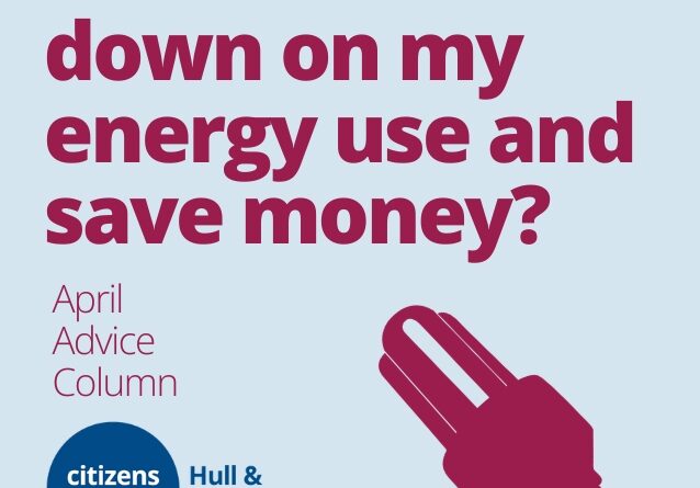 Graphic shows a silhouette of an energy-saving lightbulb and the logo of Citizens Advice Hull & East Riding with the text: "How can I cut down on my energy use and save money?" "April Advice Column"