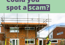 "ScamAware graphic with the text 'Could you spot a scam?' displayed prominently at the top. Below, a brick house is shown undergoing renovation work with scaffolding surrounding the upper level. A person in high-visibility clothing and a hard hat stands outside the property looking at a mobile device. The Citizens Advice logo appears in the bottom-right corner, highlighting awareness of potential building and home improvement scams."
